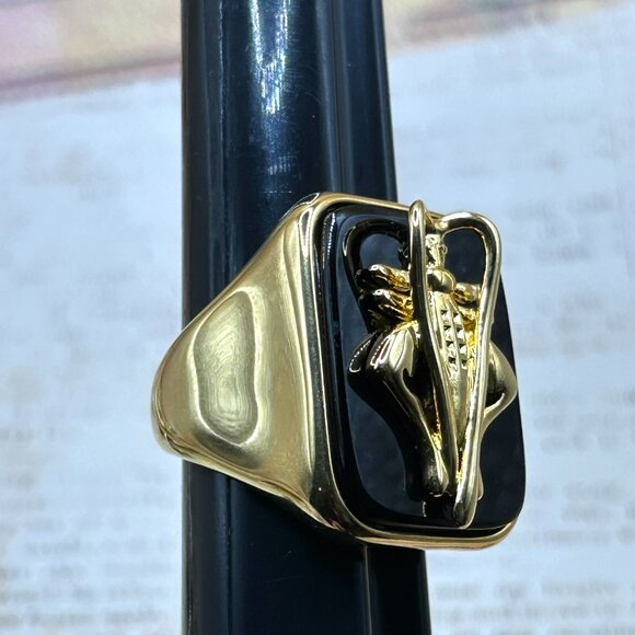 Bronzallure Large Black Lucky Cricket Symbol Ring Made in Italy 18K Gold Plate - Picture 9 of 11